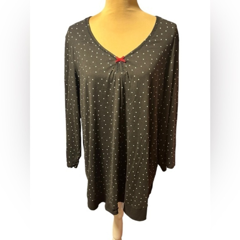 Ellen Tracy Womens Black Polka Dot V-neck Lace Detail Red Bow Tunic Slee…